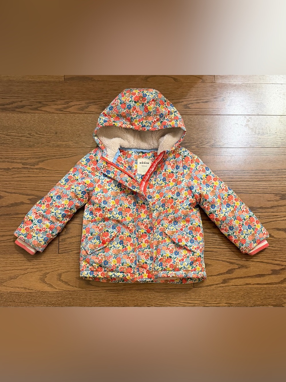 Mini Boden Floral Quilted Hooded Jacket - Red, Blue, Yellow